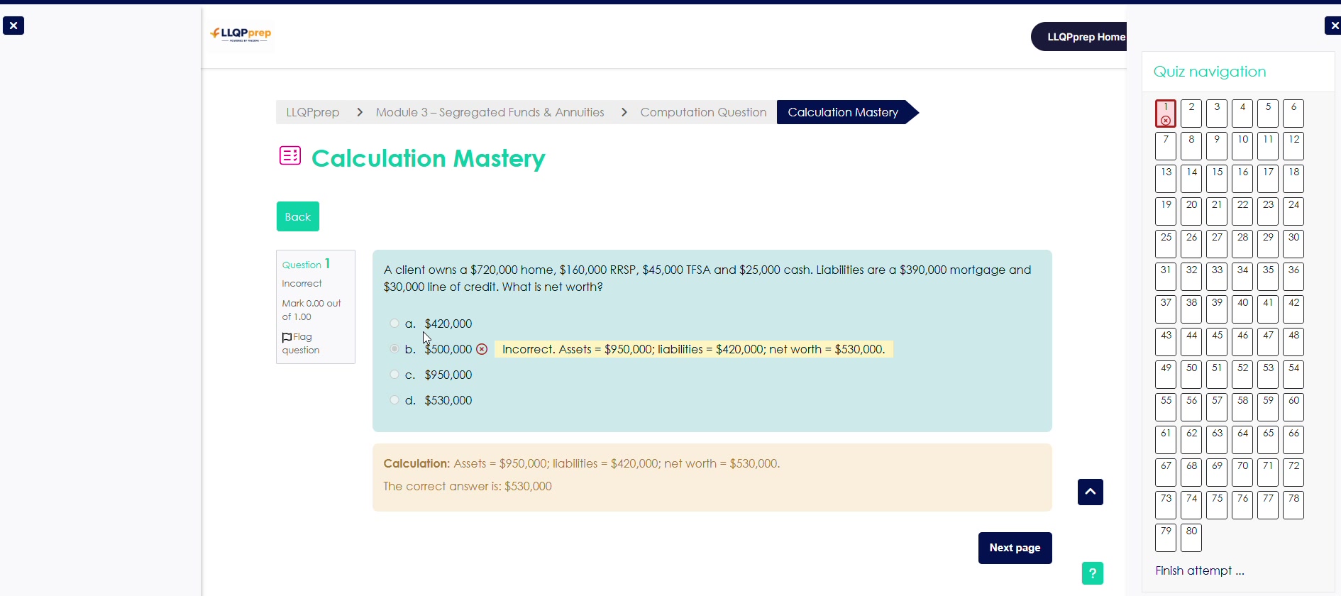 Actual LLQPprep Calculation Mastery screen
