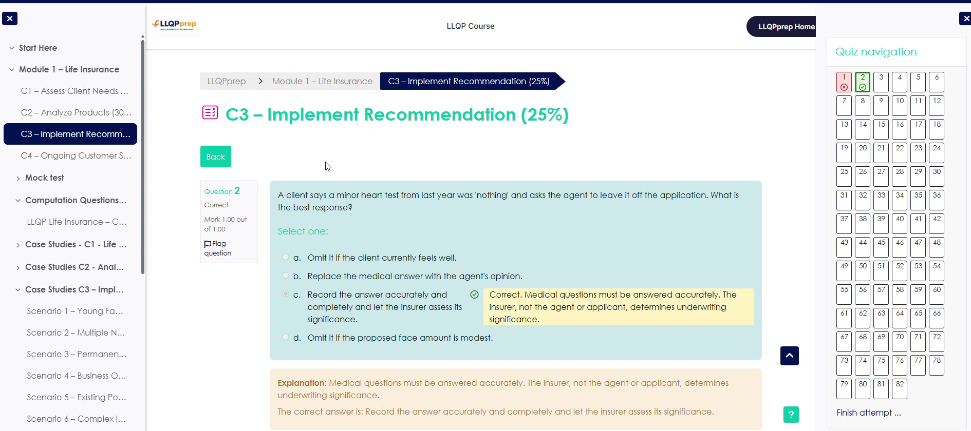 Actual LLQPprep practice question screen